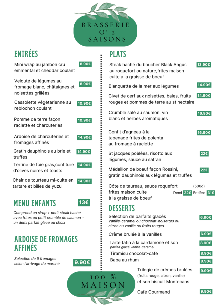 la carte de la brasserie o ' 2 saisons