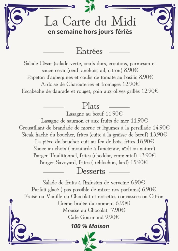 la carte de la brasserie o'2 saisons à Alès